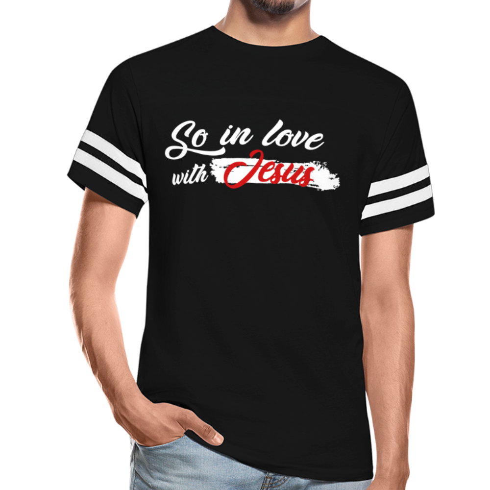 "So In Love With Jesus" Vintage Sport Black T-Shirt - black/white