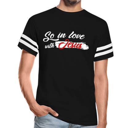 "So In Love With Jesus" Vintage Sport Black T-Shirt - black/white