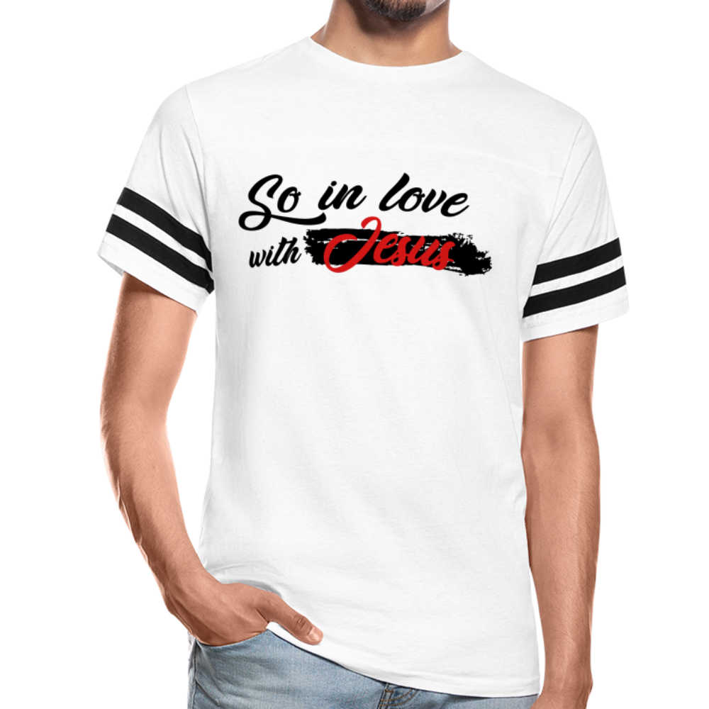 "So In Love With Jesus" Vintage Sport White T-Shirt - white/black