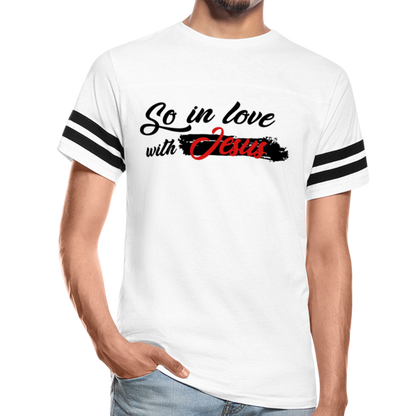 "So In Love With Jesus" Vintage Sport White T-Shirt - white/black