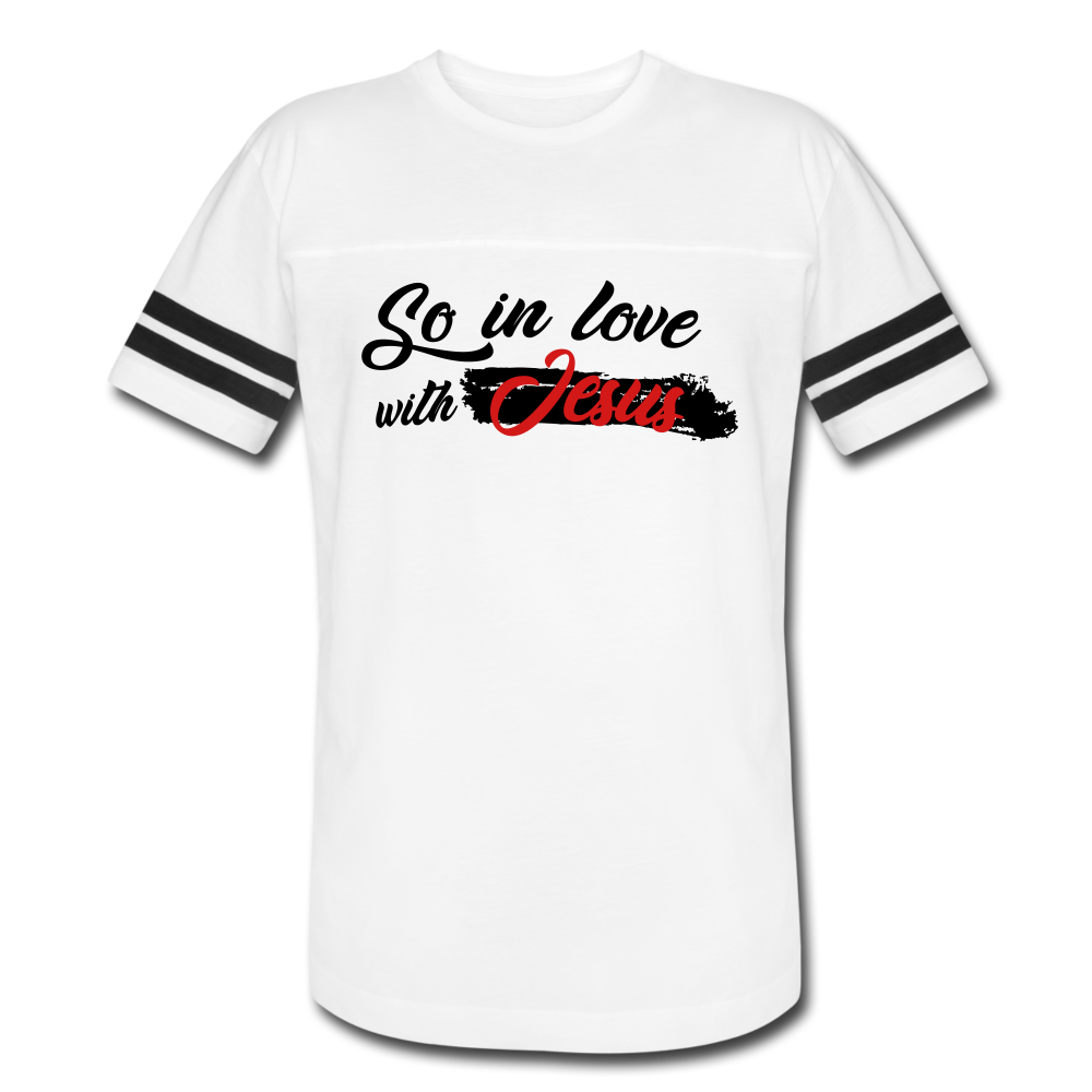 "So In Love With Jesus" Vintage Sport White T-Shirt - white/black