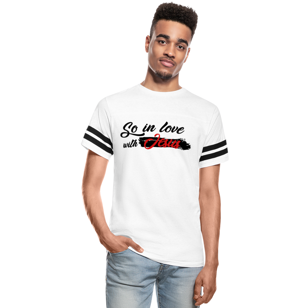 "So In Love With Jesus" Vintage Sport White T-Shirt - white/black