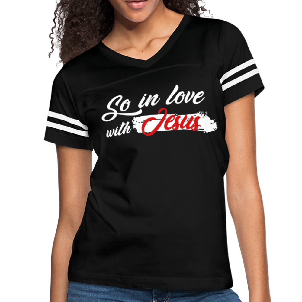 "So In Love With Jesus" Women’s Vintage Sport Black T-Shirt - black/white