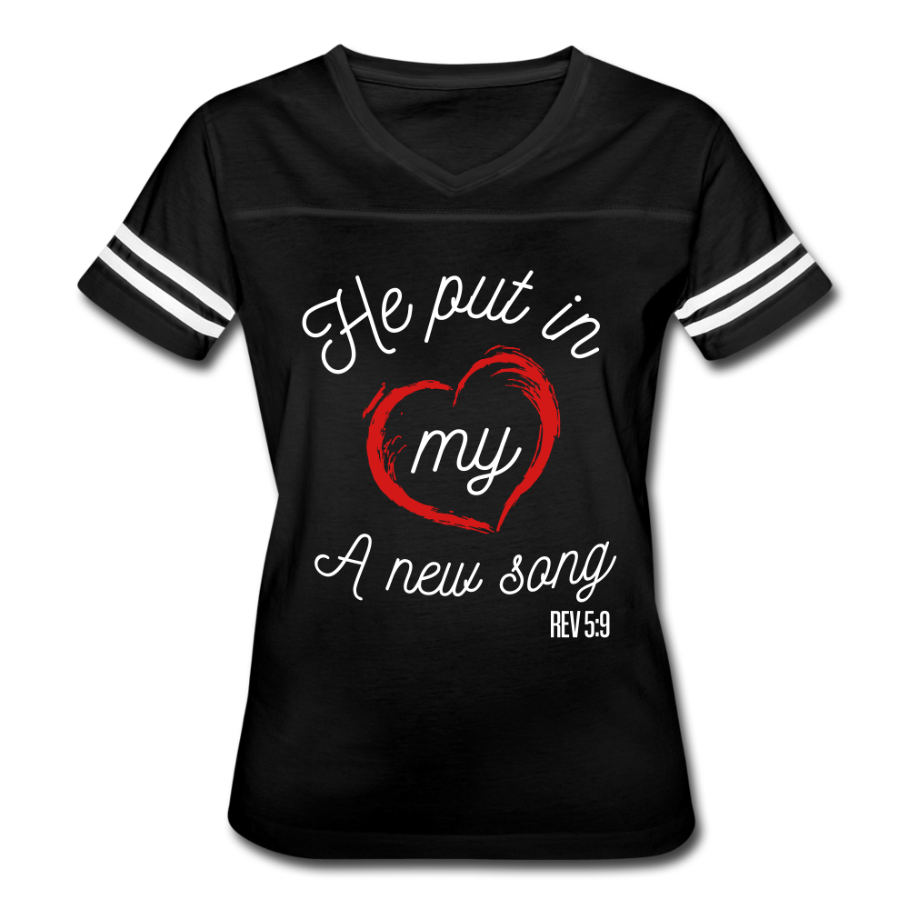 "He Put In My Heart A New Song" Women’s Vintage Sport Black T-Shirt - black/white