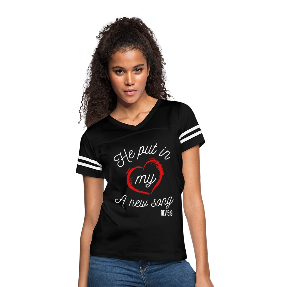 "He Put In My Heart A New Song" Women’s Vintage Sport Black T-Shirt - black/white