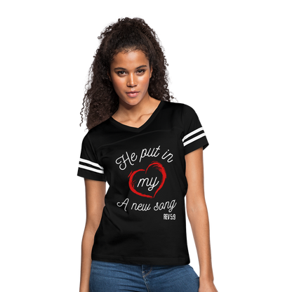 "He Put In My Heart A New Song" Women’s Vintage Sport Black T-Shirt - black/white