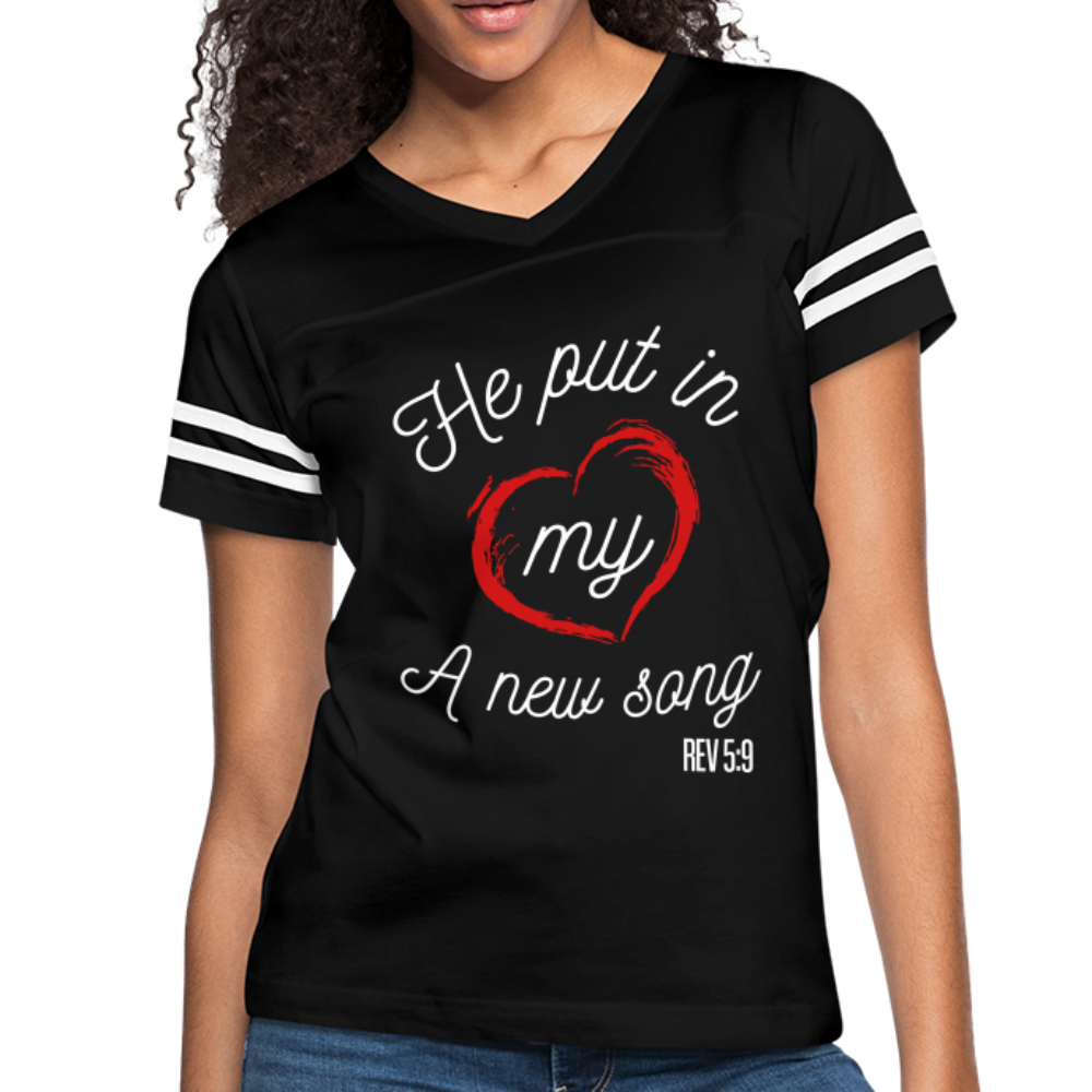 "He Put In My Heart A New Song" Women’s Vintage Sport Black T-Shirt - black/white