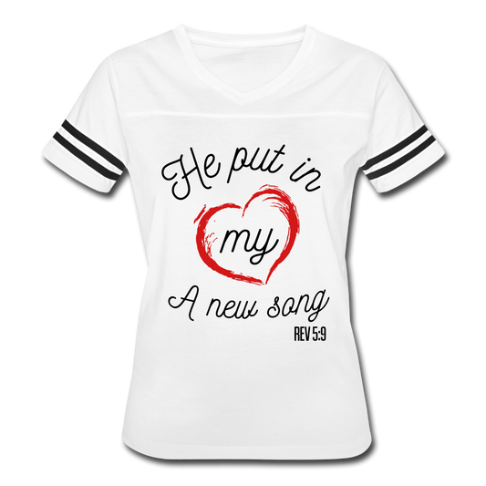 "He Put In My Heart A New Song" Women’s Vintage Sport White T-Shirt - white/black